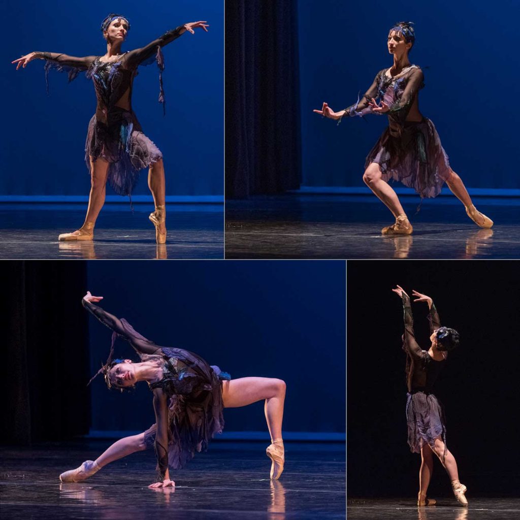 A collage of Anna Swenson, wearing a feather headdress and dressed in a black outfit with fabric cascading from the arms and skirt to resemble feathers, as she performs "Blackbird: